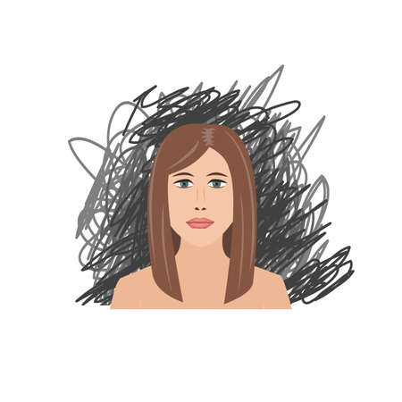 Scared and depressed girl on black scrawl background. Vector illustrationのイラスト素材