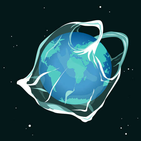 Earth planet catching into the plastic bag. Say no to plastic bags sad earth cartoon concept....