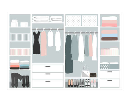 Wardrobe storage system in a modern style. Dressing room interior element, flat vector illustration. Closet with woman closingのイラスト素材