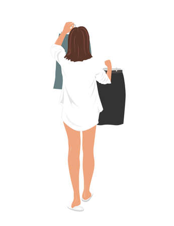 Young pretty woman selecting clothes to wear to the office work. Girl holding up two skirts on a hangers and choosing what to wear. Daily Life concept, vector illustrationのイラスト素材