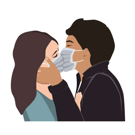 Love on Covid Quarantine, a Passionate Kiss Vector Illustration. Romantic man and woman couple kissing In Protective Medical Masks. Corona Virus Spread Prevention, forbidden love conceptのイラスト素材