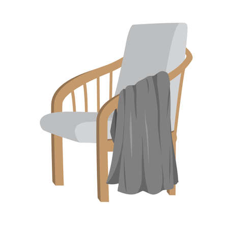 Scandinavian style modern gray armchair with wooden legs and plaid, isolated on white background. Vector flat illustration. Furniture, interior object, stylish armchair. Single piece of furnitureのイラスト素材