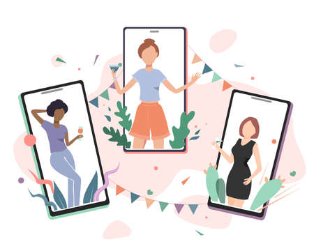 Girls Quarantine party vector flat illustration. Birthday online celebration, or meeting friends concept. Pretty women hangout and have remote video chat with cocktails on laptop or phone screenのイラスト素材