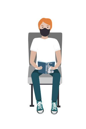 Young man in medical mask sitting on the train chair and reading a book. Vector illustration. Quarantine and social distancing concept, design elementのイラスト素材