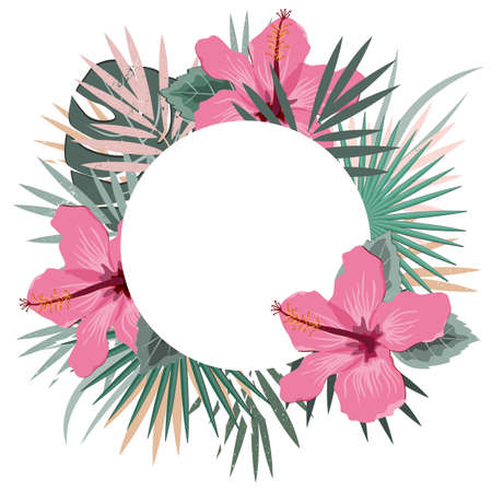 Round frame with tropical palm leaves and hibiscus flowers. Tropic summer background. Vector illustration for cards, web page backgrounds, printsのイラスト素材