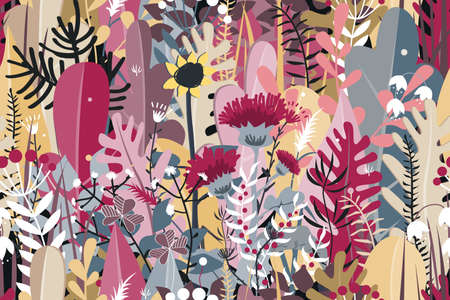 Doodle seamless pattern of stylized autumn flowers, leaves and trees for greeting cards, textile, or...