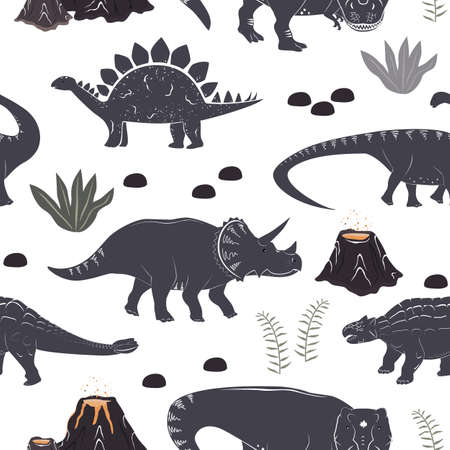 Vector seamless pattern with cute different dinosaurs, plants and volcano. Cartoon landscape of Jurassic period with dino. Pastel texture for kids wallpaper, fabrics and different surfacesのイラスト素材