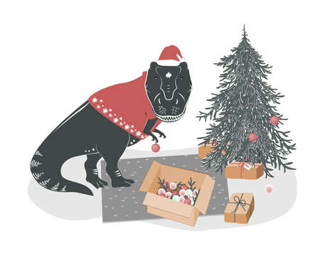 Cute yound T rex dinosaur decorating Christmas tree. Tyrannosaurus Xmas. Winter festive print, vector illustrationのイラスト素材
