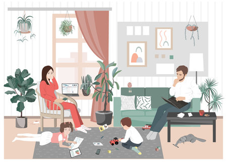 Young family couple and kids stay home and have distant work and learning during pandemic. Young parents with sons and daughter have remote job. Online business with children in quarantine.のイラスト素材