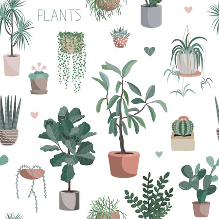 Cute houseplants background. House indoor plant vector cartoon doodle seamless pattern. Potted flowersのイラスト素材