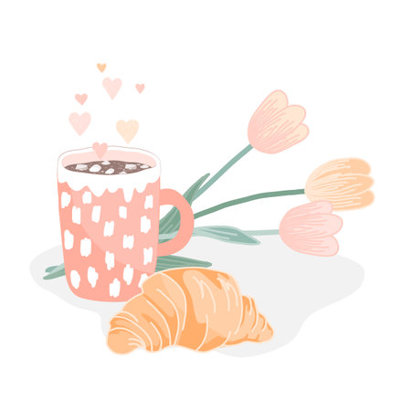 Tasty croissant, hot cocoa or chocolate drink and a bouquet of tulips. Vector illustration, good morning concept or greeting cardのイラスト素材