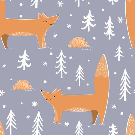 Cute foxes, winter forest, and croissants. Cozy repeated texture, childish print for kids fabric and wrapping paper. Vector seamless pattern with wild forest animal, Xmas illustrationのイラスト素材