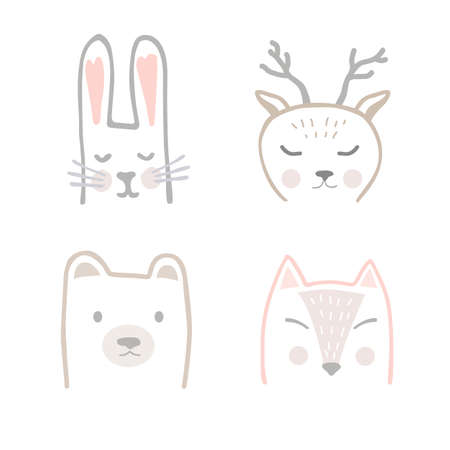 Set of forest animals in hand drawn Scandinavian style. Cartoon vector illustration depicting a Fox, Hare, Deer, and Bear for printing on fabric, postcard, dishes, clothes, book. Cute baby backgroundのイラスト素材