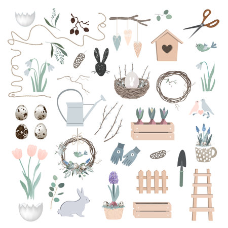 Vector Scandinavian Easter set with spring decor, garden tools, bunny figure, willow branches, eggs, and nest. Season design elements collectionのイラスト素材
