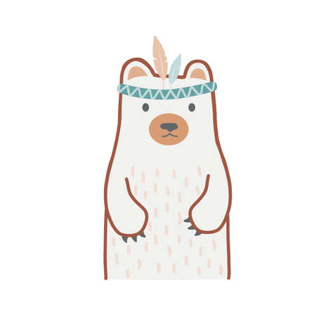Wild child - Cute hand drawn nursery poster with cartoon bear in tribal headband. Vector illustration in scandinavian styleのイラスト素材