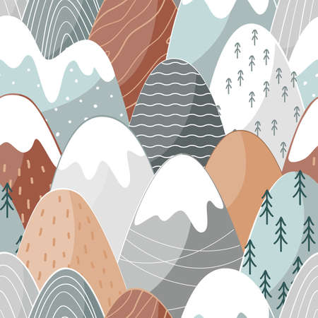 Seamless pattern with doodle mountains in scandinavian style. Decorative landscape background. Cute hand drawn ornamentのイラスト素材