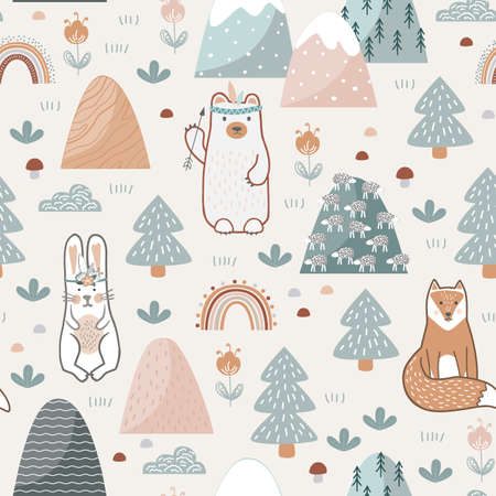 Seamless pattern with cute forest animals, flowers, and trees. Childish print for nursery background in a Scandinavian style for baby clothes or interior. Vector cartoon illustration in pastel colorsのイラスト素材