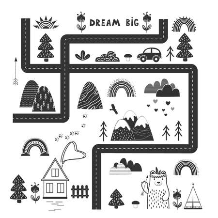 Bream Big, Little One - cute kids poster, mat or tapestry in Scandinavian style. Road, Mountains and Woods Adventure Map. Nursery Monochrome black and white Print, vector illustrationのイラスト素材