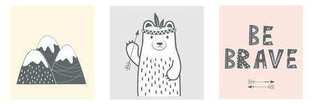 Kids nursery poster set in Scandinavian style with a bear, mountains and lettering. Be brave little...