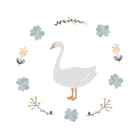 Vintage floral wreath frame with white goose, vector cartoon illustrationのイラスト素材