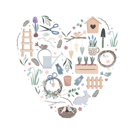 Colorful vector heart made of cute funny garden tools, clothes and vegetables. Can be used for fabrics, wallpapers, patterns, stickers, cards, design and decoration.のイラスト素材