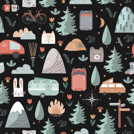 Hand drawn night seamless pattern with summer camping equipment. Trailers, mountains, trees, and tourist objects in Scandinavian style. Cartoon vector backgroundのイラスト素材
