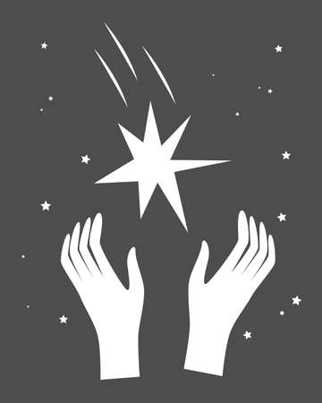 Cartoon illustration of hands reaching grabbing a shining star. Dreaming and making goal concept, vector illustrationのイラスト素材