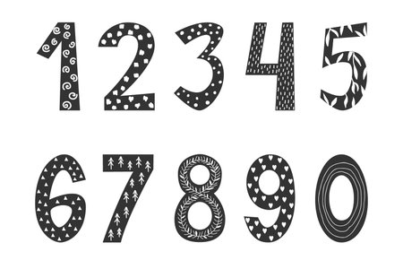 Hand drawn numbers in Scandinavian boho style. Cute cartoon symbols for banners, nursery design, postcards. Clipart isolated in white background. Vector illustrationのイラスト素材