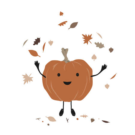 Cute smiling pumpkin throwing up leaves in the air. Cartoon Autumn character enjoying fall season, vector illustrationのイラスト素材