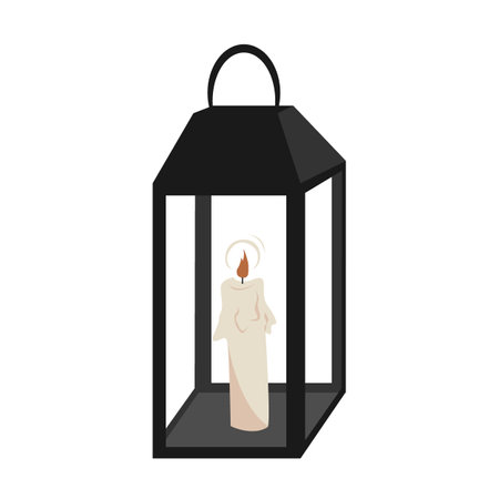 Metal candle lantern holder with a candle inside. Vector illustration isolated on a white backgroundのイラスト素材