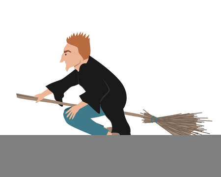 A magician man flying on his broom stick in a black mantle, jeans, and sneakers. Halloween holiday poster concept. Flat style cartoon vector illustration.のイラスト素材
