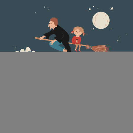 Cute little witch with her father flying on a broom in front of the full moon under the sea and mountains. Halloween card, magic vector landscapeのイラスト素材