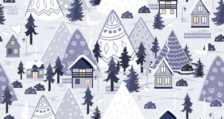 Winter seamless pattern. Cute houses, mountains and trees landscape. Cartoon Xmas vector backgroundのイラスト素材