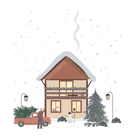 Xmas decorated house and a retro pickup car with a fir-tree. Family waits the father with a Christmas tree. Vector cartoon card, Merry Christmasのイラスト素材