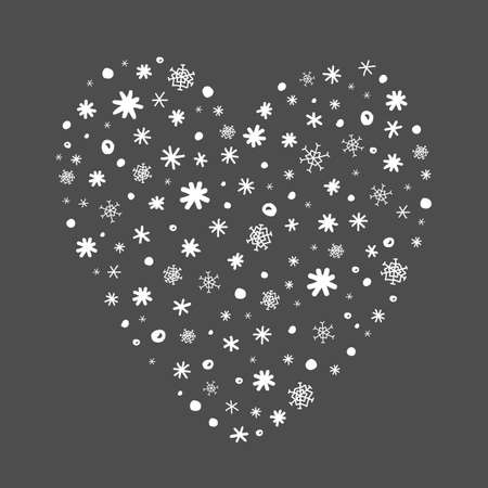 Heart shape made by snowflakes. Vector doodle illustration isolated on dark backgroundのイラスト素材