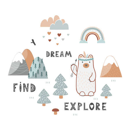 Nursery playing mat design in Scandinavian style. Cute kids poster, rug or tapestry with mountains, trees, and bear. Dream, Find, and Explore concept, vector illustrationのイラスト素材