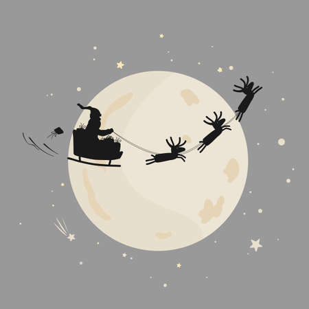 Santa Claus rides in a sleigh in harness on the reindeer in the full moon sky. Flying deer herd vector illustration isolated on whiteのイラスト素材