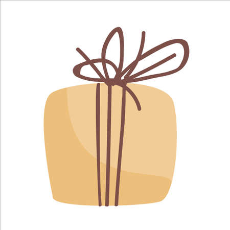Present yellow box with brown rope. Doodle hand drawn style. Clipart object for birthday, holiday, Christmas, New Year cards, banners, sale concepts. Isolated vector illustration.のイラスト素材
