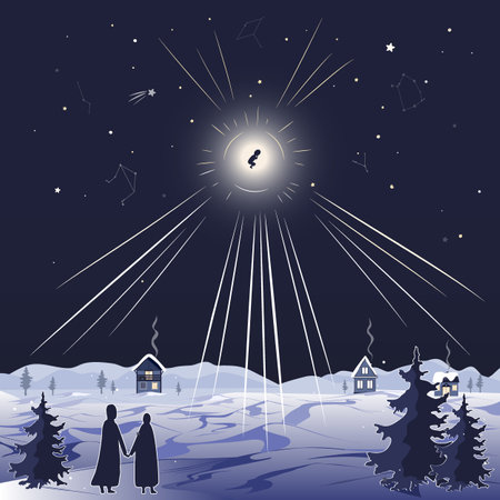 Mystery of Jesus Christ Birth vector illustration. Merry Christmas banner with Mary and Joseph, waiting for baby Jesus. Xmas miracle concept, God epiphany. Nativity scene cardのイラスト素材