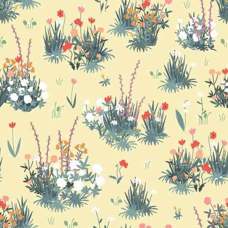 Spring garden seamless patter. Meadow flowers and grass blooming. Rustic garden landscape.のイラスト素材