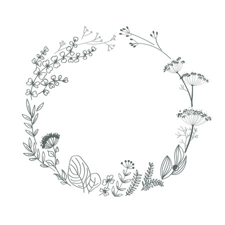Wreath frame with doodle hand drawn leaves and branches. Autumn round border for invitation, greeting card, quote, wedding. Vector outline illustration isolated on white backgroundのイラスト素材