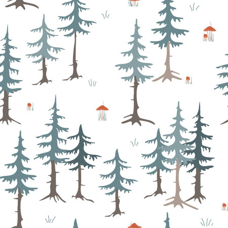 Doodle and cozy woodland seamless pattern. Hand drawn forest plants on the white background....