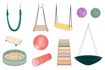 Equipment for kids playing and sensory rooms, ergotherapy, sensory disorder therapy. Vector set. Hammock, swings, roller slide, fitball, scooter board, balls pool, and textile tunnelのイラスト素材