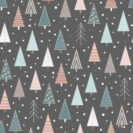 Stylish seamless Christmas background with doodle abstract Xmas trees in geometric shape. Cute pastel palette.のイラスト素材