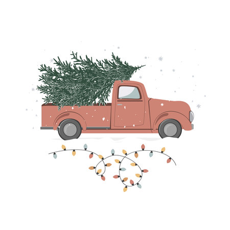 Vintage red Christmas truck with green fir tree. Pickup car with Xmas ligths and snow. Vector illustration isolated on white background.のイラスト素材