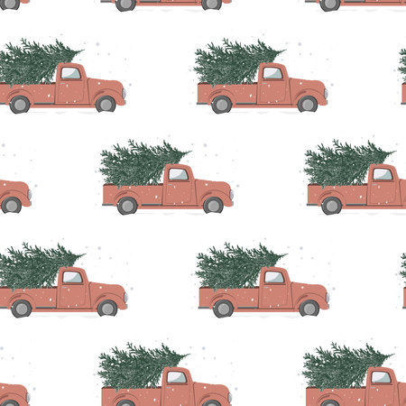Christmas seamless pattern with red truck and Xmas trees on white background. Winter print with hand drawn vintage car and holiday snowy tree. Vector illustration.のイラスト素材