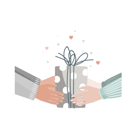 Doodle illustration of male and female hands hanging Valentine day present. Man giving gift box to a woman. Vector illustrationのイラスト素材