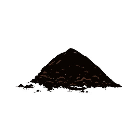 Black soil pile, dirt or humus mound in front view isolated on white background. Flat vector realistic illustration of heaps of organic ground, topsoil or peatのイラスト素材