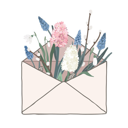 Bouquet of spring flowers inside the envelope. Hand drawn trendy vector greeting card. Snowdrops, hyacinth, muscari, and pussy willow branchesのイラスト素材