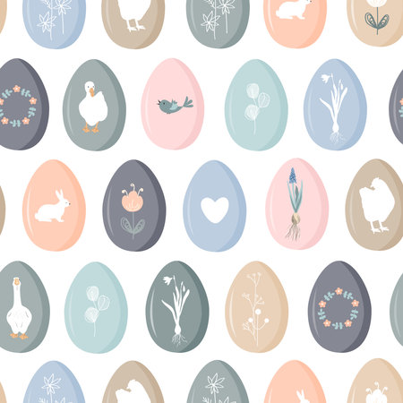 Cute Easter eggs seamless pattern. Spring pastel background, doodle vector illustrationのイラスト素材